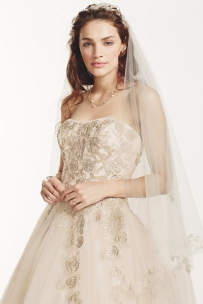 A Romantic Bride Jewel Tulle wedding dress with Venise Lace detail David's Bridal Champagne